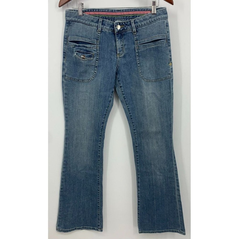 Hurley Women Denim Jeans Size 9 Blue Flare Low Rise Zip Button Logo Boho Surf